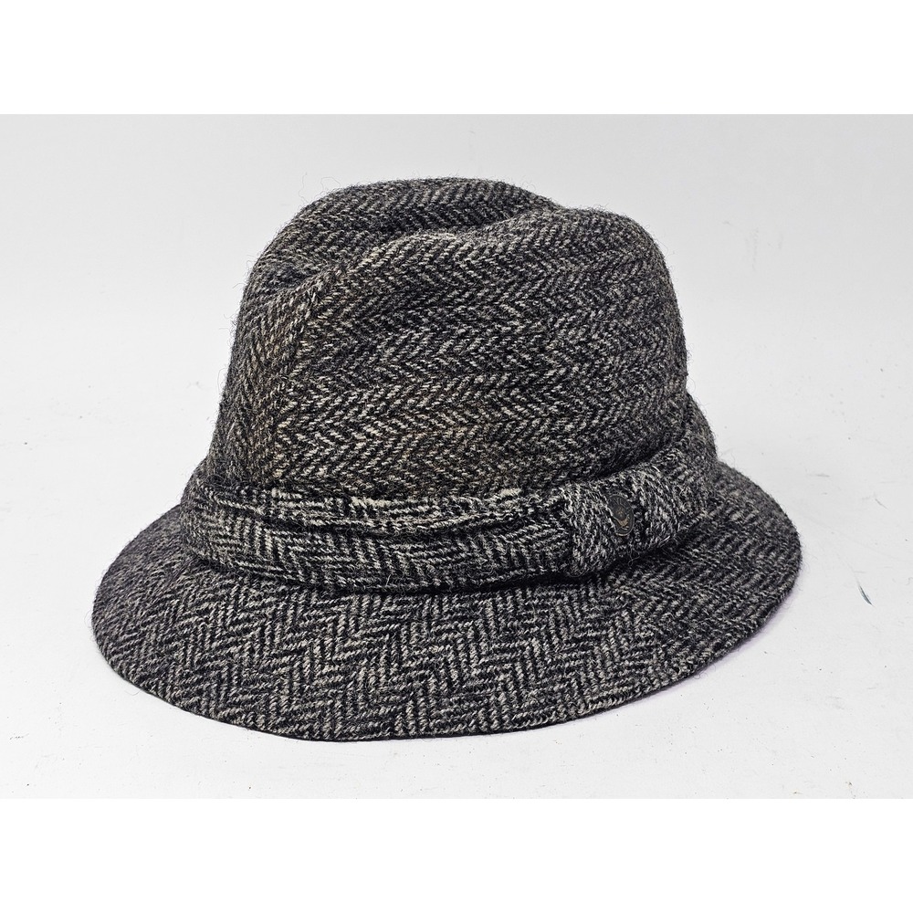 Harris Tweed Hat Fedora Fitted Mens 7 1/4 Gray Herringbone Wool Traveler